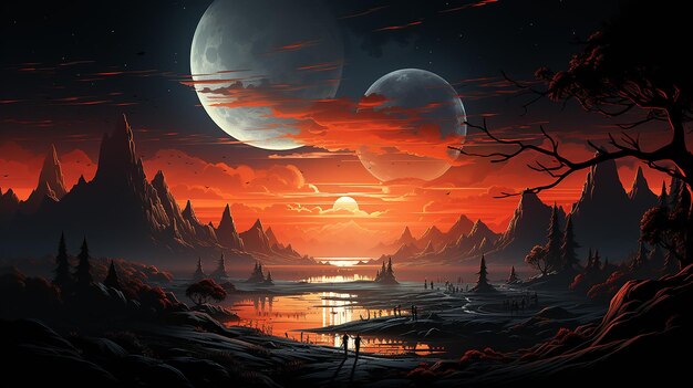 Mars surface alien planet landscape Space game background with orange ground mountains stars