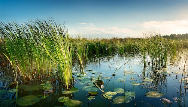 Marshland with reeds and water lilies