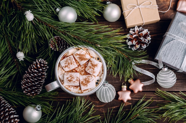 Marshmallow coffee on the Christmas background