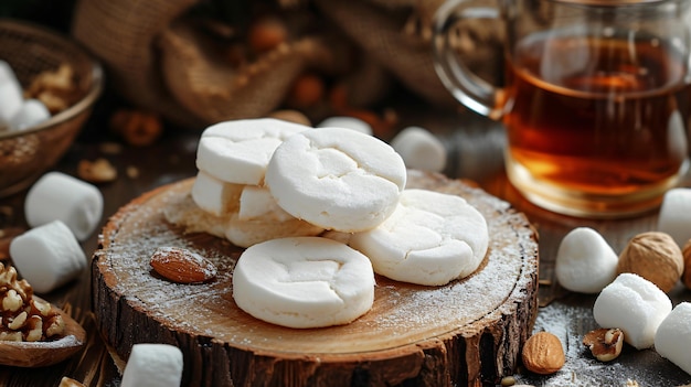 Marshmallow cookies on a wooden platter