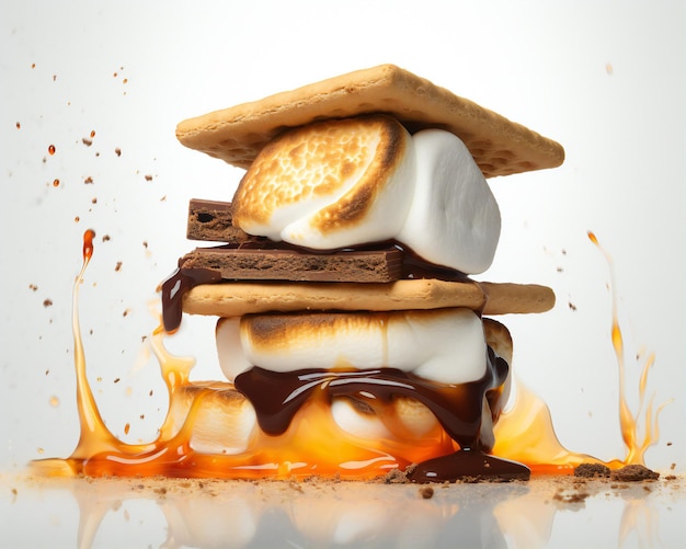 Marshmallow filled cookies surrounded by fire isolated background