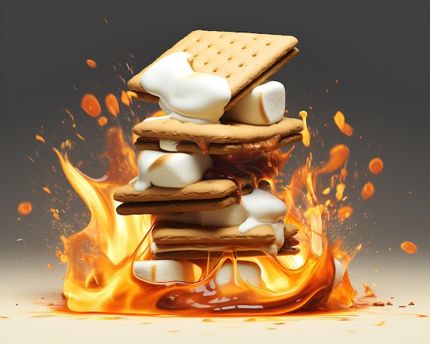 Marshmallow filled cookies surrounded by fire isolated background