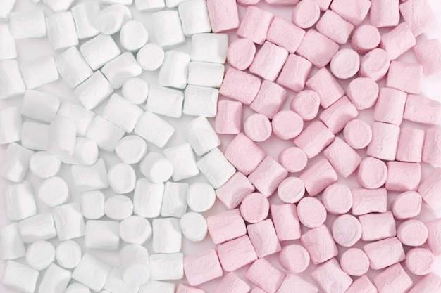 Marshmallow pattern Marshmallow Pink and White Pastel Colors,  sweet food. Top view.