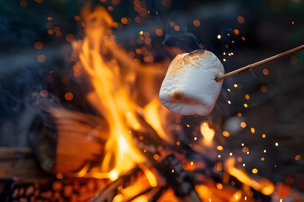 Marshmallow Roasting over Crackling Bonfire with Sparkling Ember Shower and Warm camping activity