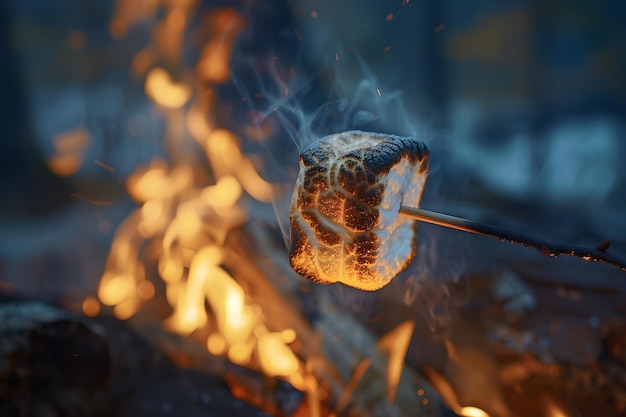 Marshmallow Roasting over Crackling Bonfire with Sparkling Ember Shower and Warm camping activity