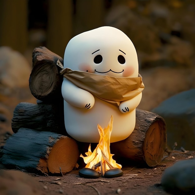 A marshmallow sits next to a campfire with a scarf around it.