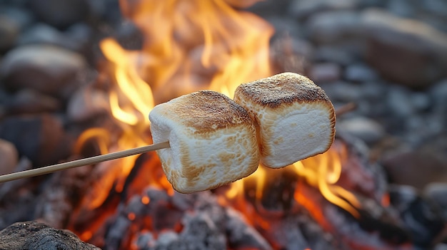 marshmallows are on a stick in front of a fire