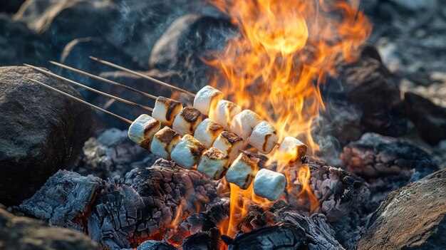 Photo marshmallows roasting over a campfire