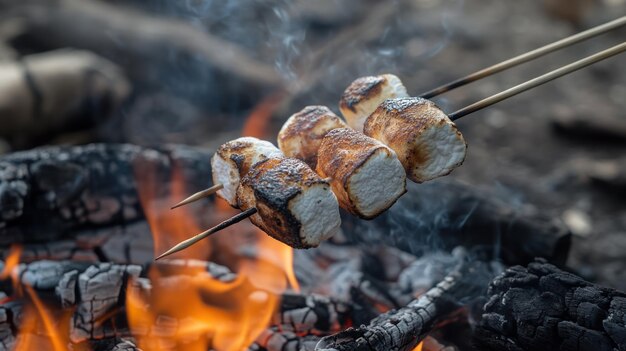 Photo marshmallows roasting over a campfire