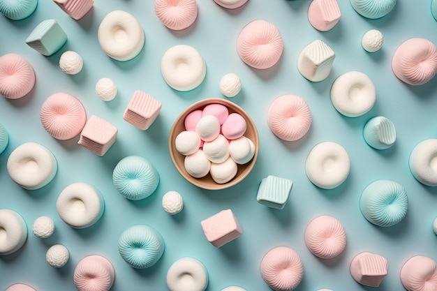 Marshmallows in various colors on a pink background seen from above Modest appearance