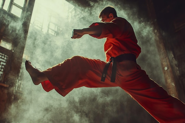 Photo a martial artist executing a high kick with perfect form