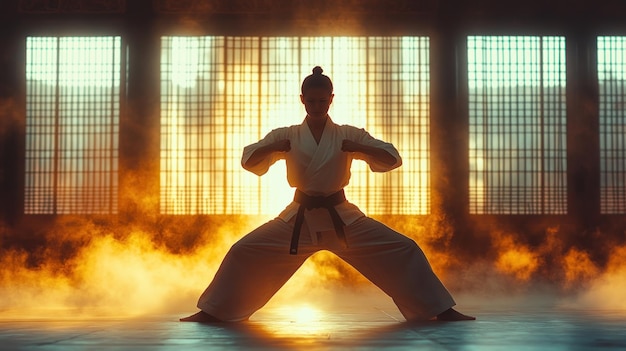 Photo a martial artist poses dramatically in a dojo backlit by sunlight