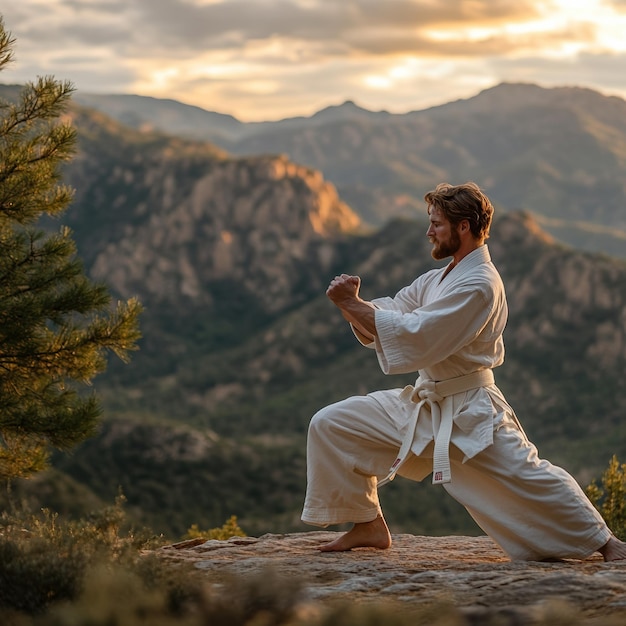 Photo martial artist practicing kata in mountainous landscape at sunset