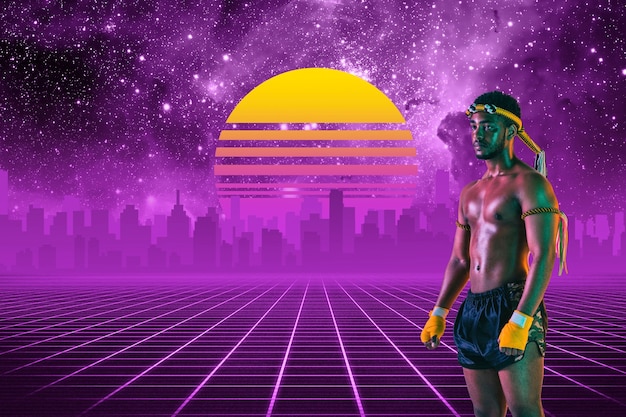 Photo martial arts. beautiful background, synth wave and retro wave, vaporwave futuristic aesthetics. ultraviolet, sportsman in glowing neon style. stylish flyer for ad, offer, bright colors and city view.