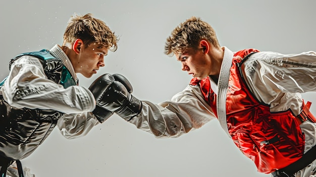 Photo martial arts fighters showcase combat techniques on white background