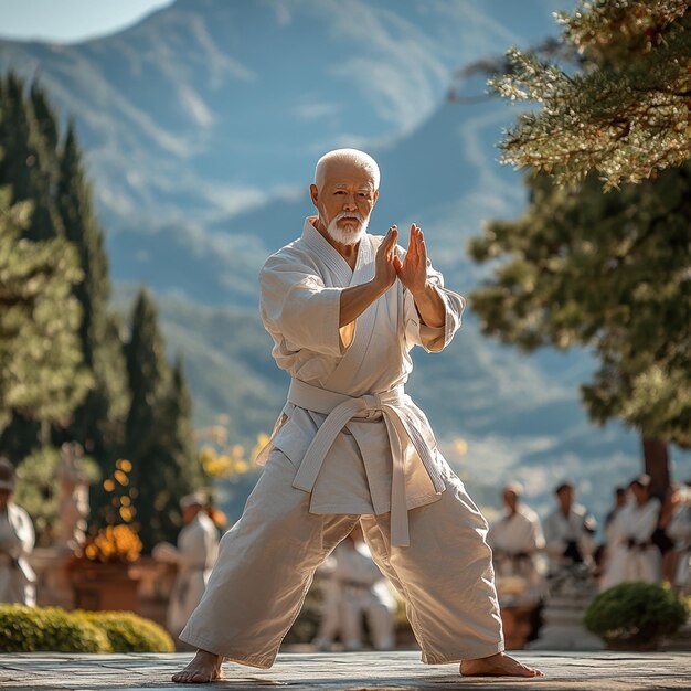 Photo martial arts master performing kata in serene mountain setting