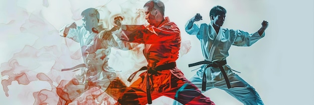 Photo martial arts silhouettes in dynamic double exposure powerful digital artwork depicting the intensity and discipline of taekwondo and karate competitions