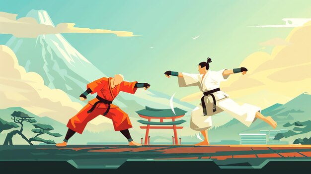 Photo martial arts tournament flat design side view action theme cartoon drawing vivid