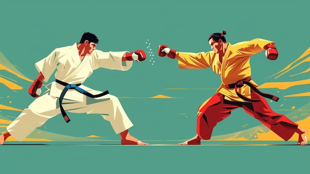 Photo martial arts tournament flat design side view action theme cartoon drawing vivid