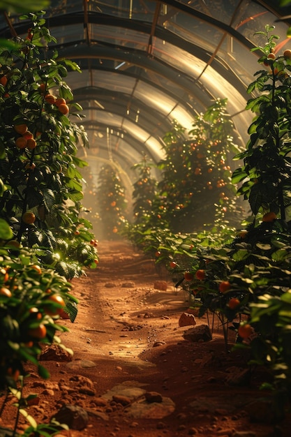 Martian Dome Farm AI and Robots Cultivate Engineered Crops for Space Colonists