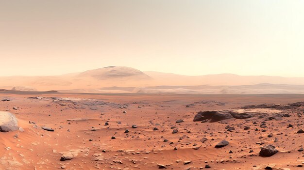 Martian landscape featuring rocky terrain and distant hills