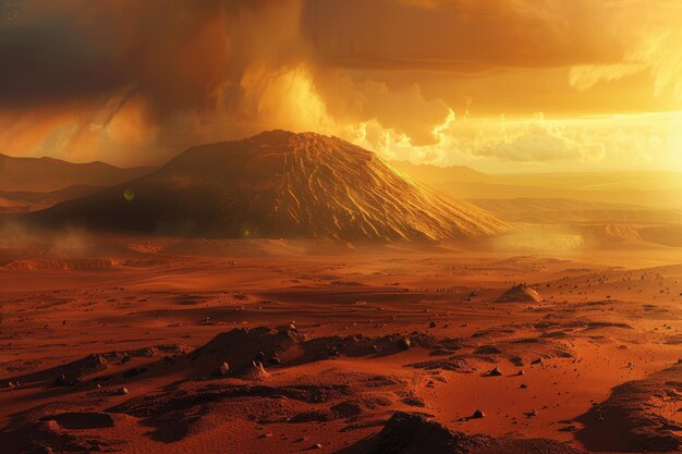 Photo martian landscape with olympus mons and dust storm