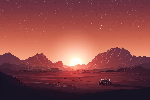 Photo martian landscape with rover at sunset