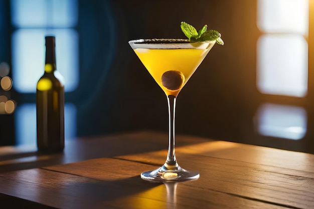 a martini glass with a green leaf on the top of it