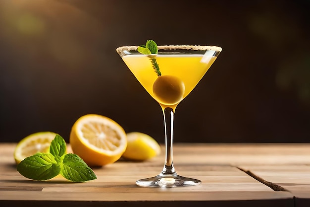 a martini glass with a lemon wedge on the side