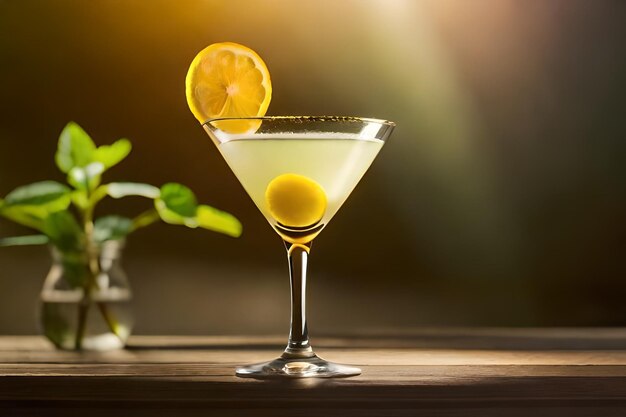 a martini glass with a lemon wedge on the side