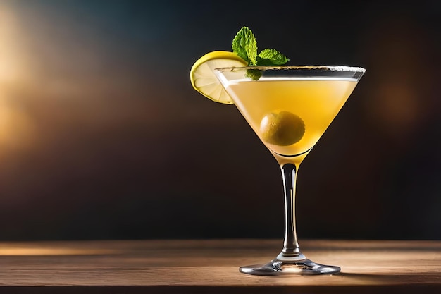 a martini glass with a lemon wedge on the top