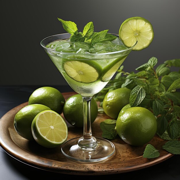 Photo a martini glass with lime wedges and mint leaves