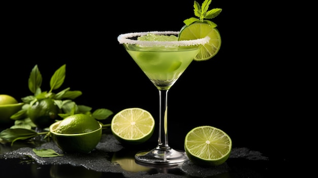 a martini glass with limes and limes on a black background