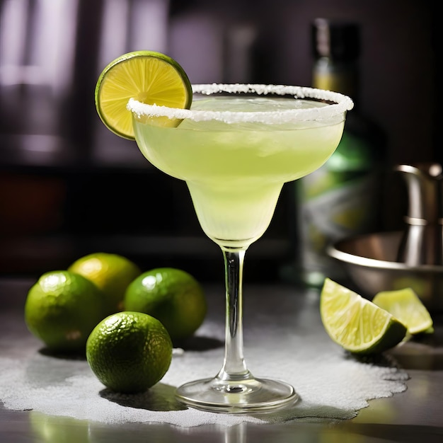 a martini glass with limes and limes on a table