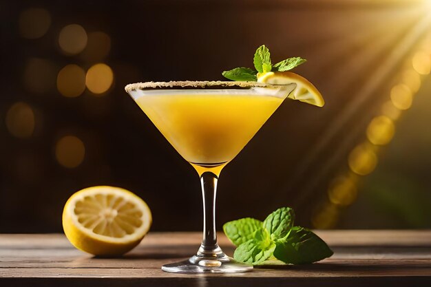 a martini glass with mint leaves and a mint on the background