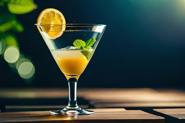 a martini glass with mint leaves and a slice of lemon on the side