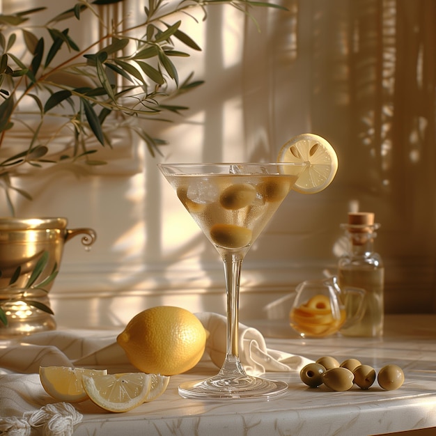 A martini glass with olives and limes on a table