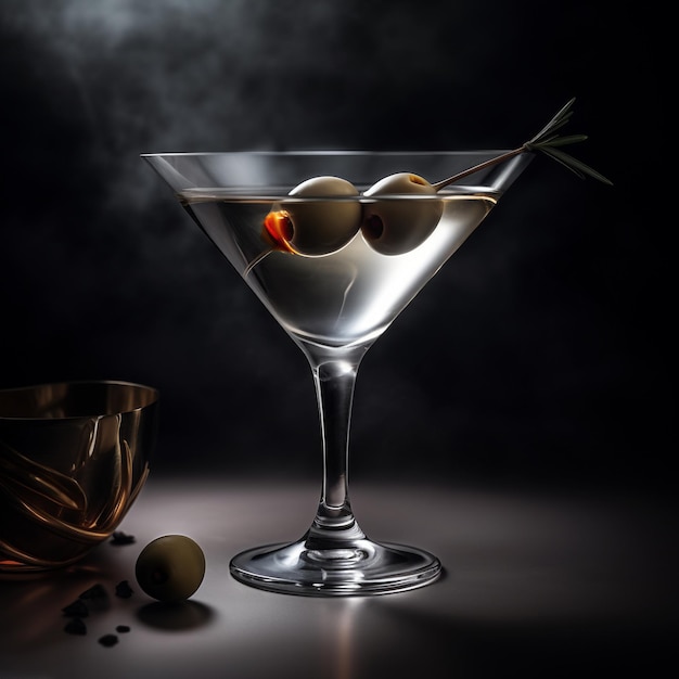 A martini glass with olives and olives is sitting next to a glass of liquid.