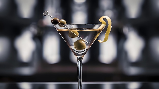 a martini glass with olives and olives on it