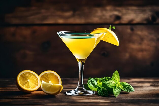 A martini glass with a slice of lemon on the side.