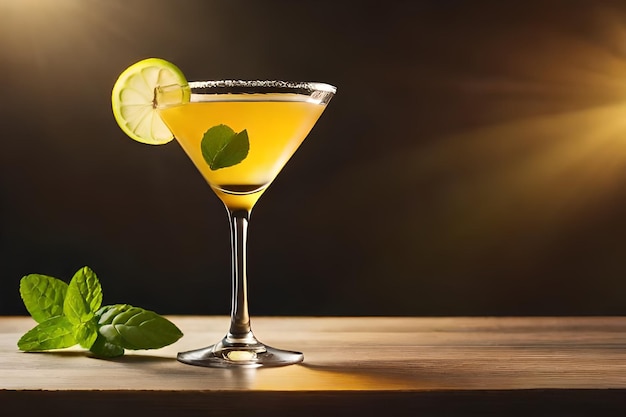 a martini glass with a slice of lime on the side