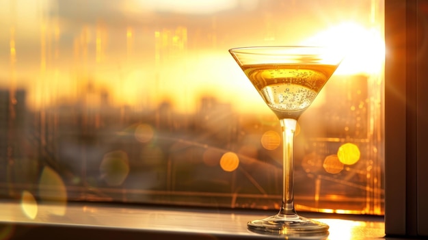 Martini glass with white wine at sunset