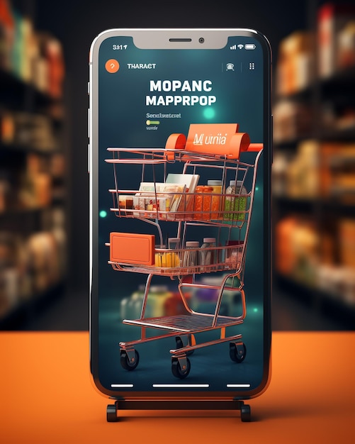 martphone app screen mockup with supermarket shopping cart and boxes with copy space