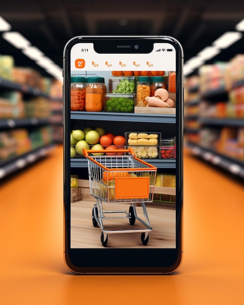 martphone app screen mockup with supermarket shopping cart and boxes with copy space