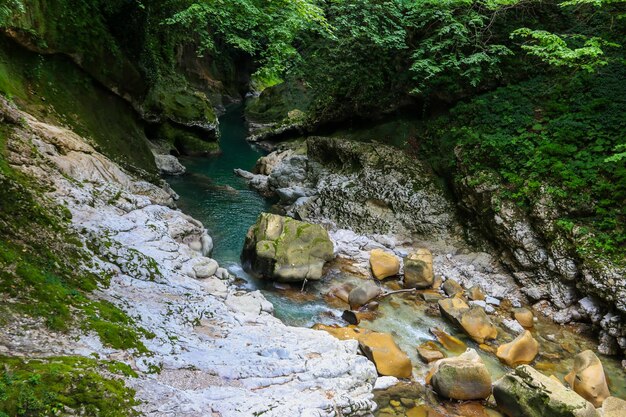 Martvili canyon in Georgia. Beautiful natural canyon with view of the mountain river Abasha