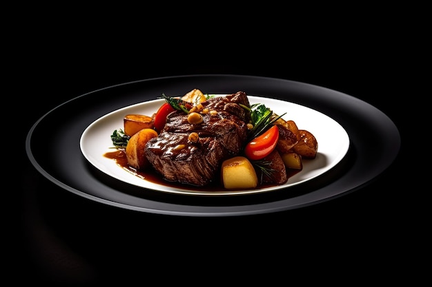 Marvelous beef stew on a plate black background illustration generative ai