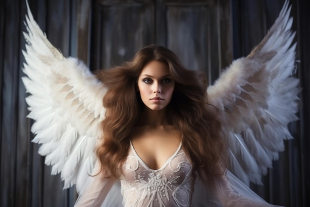 Marvelous and gorgeous woman angel with massive wings dress