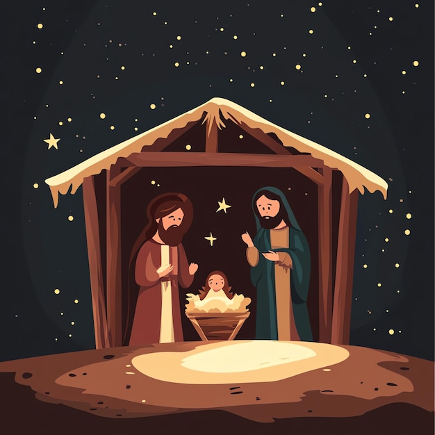 Photo mary and joseph in a rustic stable nativity scene