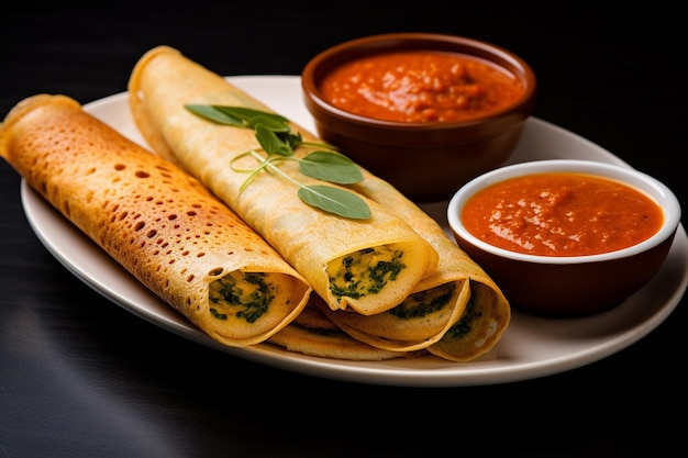 Masala dosa being served with a side of tangy tamarinddate chutney