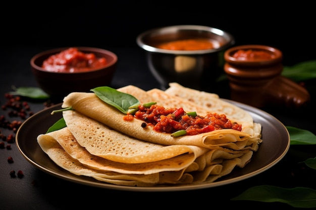 Masala dosa served with a side of spicy green mango chutney